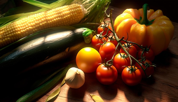 Une table pleine de légumes dont des tomates, des concombres et un concombre.