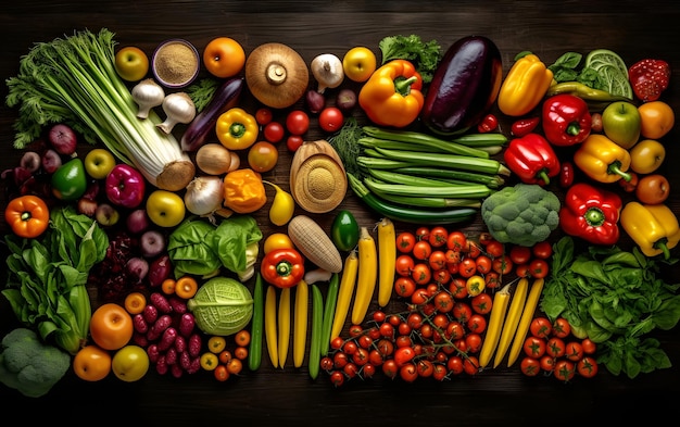 Une table pleine de légumes dont une variété de fruits et légumes.