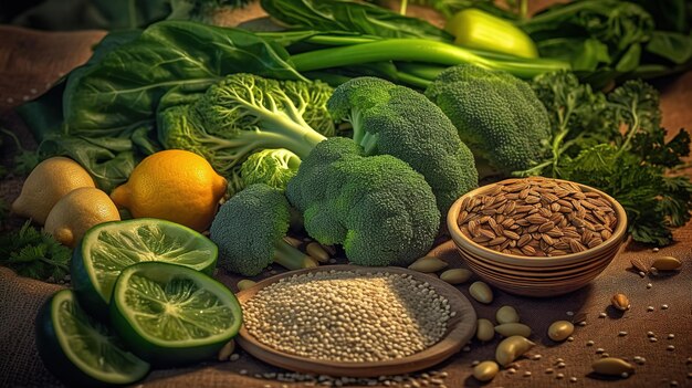 Une table pleine de légumes, y compris le brocoli, les haricots verts et d'autres aliments, y compris le brocoli.