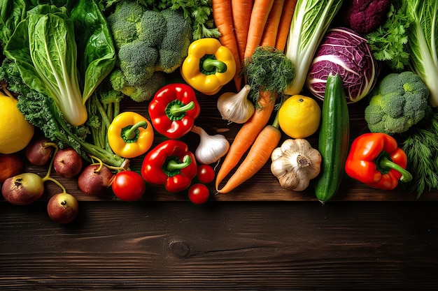 Une table pleine de légumes, y compris des carottes, du brocoli, des poivrons rouges et d'autres légumes.