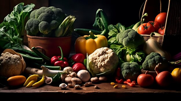 Une table pleine de légumes, y compris les champignons brocoli et autres légumes