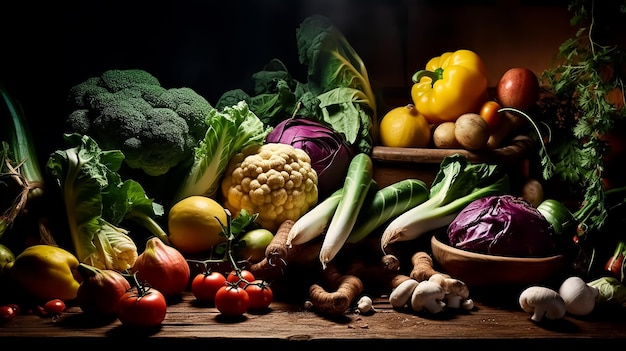Une table pleine de légumes, y compris le chou-fleur de brocoli et d'autres légumes