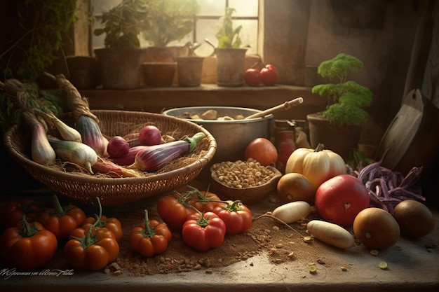 Une table pleine de légumes, y compris des courgettes, des aubergines et d'autres légumes.