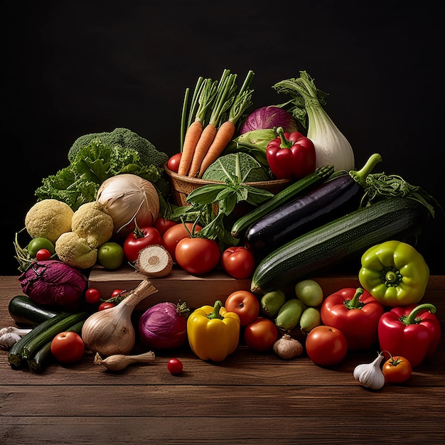 Une table pleine de légumes, y compris des courgettes, des courgettes, des oignons rouges et d'autres légumes.