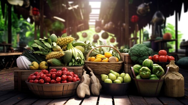 Une table pleine de légumes, y compris un panier de légumes.