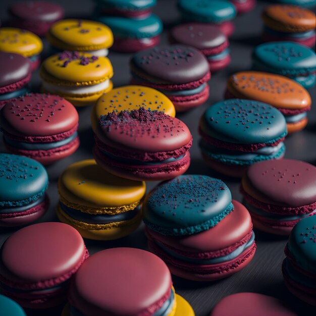 Une table pleine de macarons colorés avec le mot amour dessus.