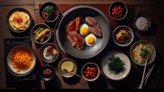 Une table pleine de nourriture comprenant une assiette de nourriture avec une assiette de nourriture avec une assiette de nourriture dessus.