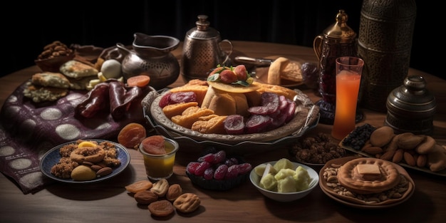 Une table pleine de nourriture comprenant une assiette de nourriture et une assiette de nourriture.