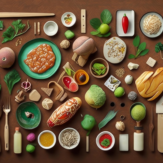 Une table pleine de nourriture comprenant une assiette de nourriture et des baguettes.