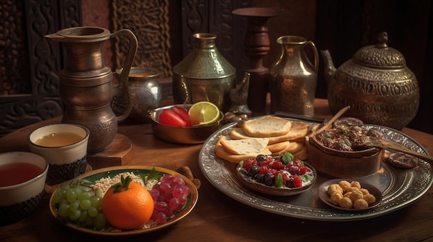 Une table pleine de nourriture comprenant une assiette de nourriture et un bol de fruits.