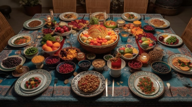 Une table pleine de nourriture comprenant un bol de fruits et un bol de fruits.