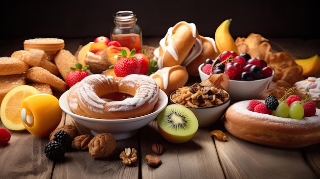 Photo une table pleine de nourriture comprenant un bol de fruits et un pot de fruits.