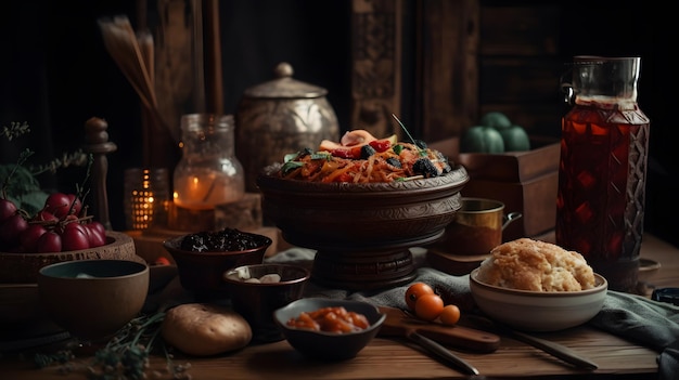 Photo une table pleine de nourriture comprenant un bol de nourriture et un bol de nourriture.