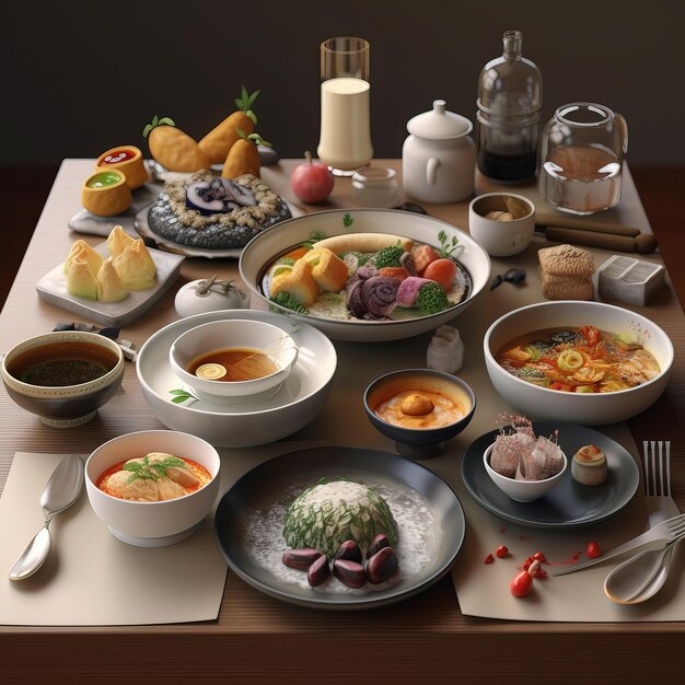 Une table pleine de nourriture comprenant un bol de soupe, un bol de riz, un bol de soupe et un bol de riz.