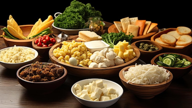 Une table pleine de nourriture comprenant du fromage, des légumes et un bol de fromage.