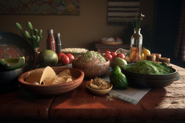 Une table pleine de nourriture comprenant du guacamole, du guacamole et du guacamole.