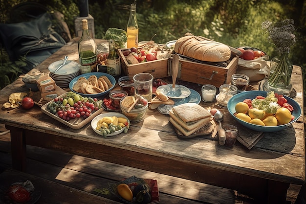 Une table pleine de nourriture comprenant du pain, des fruits et du vin.