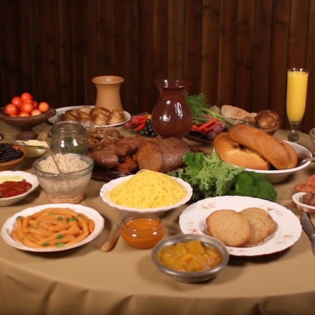 Une table pleine de nourriture comprenant du pain, des œufs et un verre de jus d'orange.