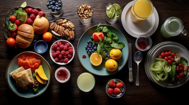 une table pleine de nourriture comprenant des fruits, des fruits et un verre de jus d'orange.