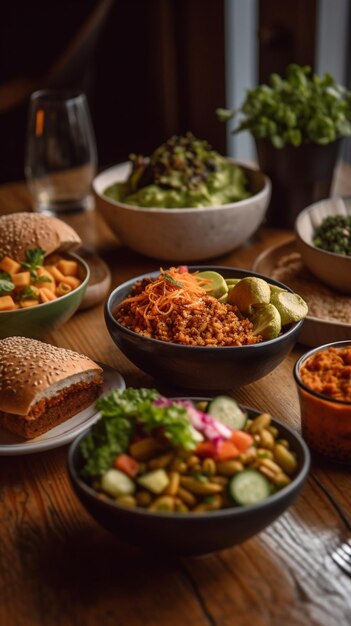 Une table pleine de nourriture comprenant une salade, un sandwich et un bol de salade.