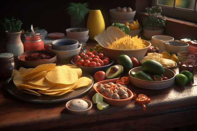 Une table pleine de nourriture comprenant des tortillas, de l'avocat, de l'avocat et du fromage.