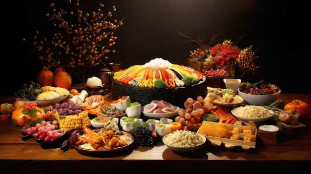 une table pleine de nourriture comprenant une variété d'aliments, notamment des fruits, des légumes et des fruits.