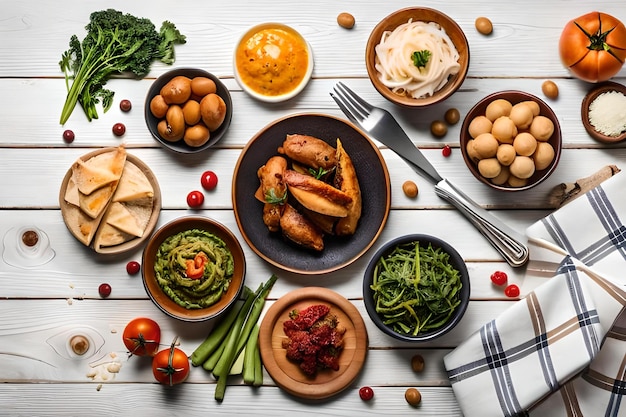 Une table pleine de nourriture comprenant une variété d'aliments, notamment des pois chiches, des pois chiches et des pois chiches