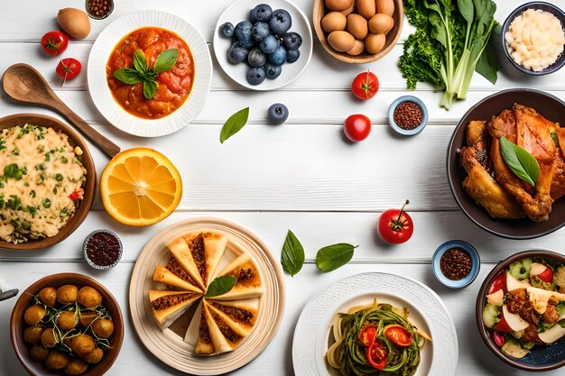 Une table pleine de nourriture comprenant une variété de plats dont une sauce aux bleuets bleuets