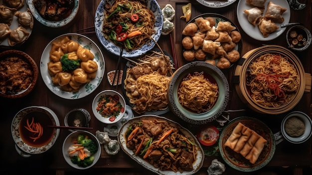 Une table pleine de nourriture comprenant une variété de plats, notamment des nouilles, du porc et d'autres plats.
