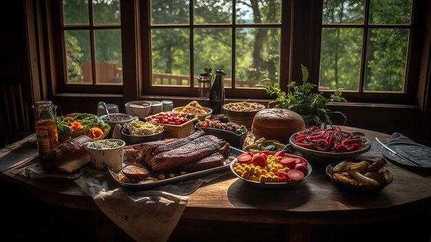 Une table pleine de nourriture comprenant une variété de viandes, de fromages et de légumes.