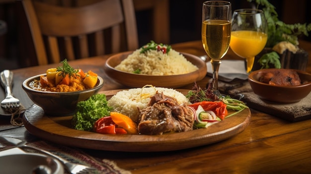 Une table pleine de nourriture comprenant de la viande, des légumes et un verre de bière.