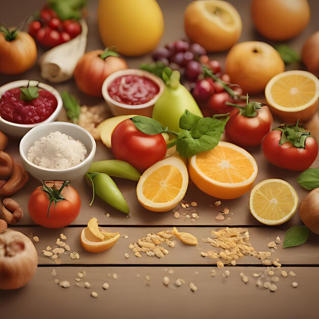 Photo une table pleine de nourriture, y compris des carottes, des graines et des noix