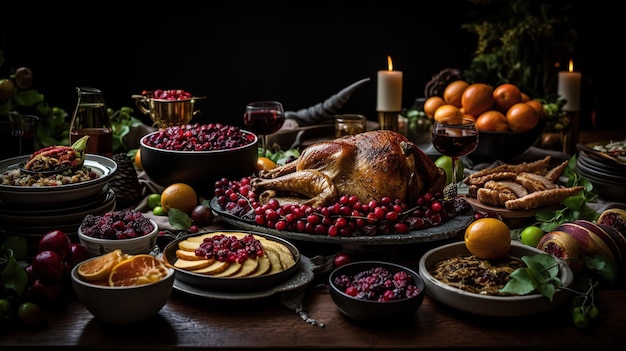 Une table pleine de nourriture, y compris une dinde, des pommes et d'autres aliments.