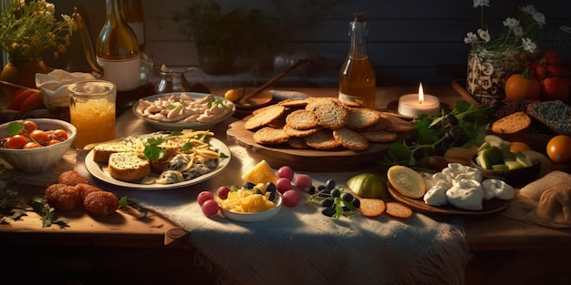 Une table pleine de nourriture, y compris du fromage, des fruits et des craquelins.