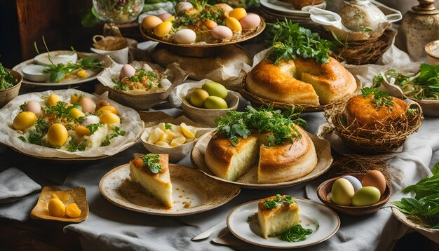 une table pleine de nourriture, y compris du pain, des œufs et des œuvres