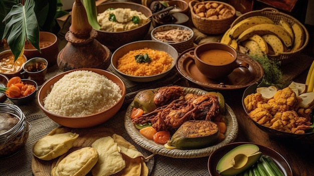 Une table pleine de nourriture, y compris du riz, des haricots et d'autres aliments.
