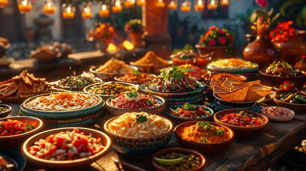 une table pleine de nourriture, y compris du riz et des légumes