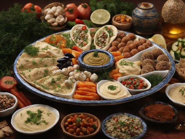 une table pleine de nourriture, y compris du riz, de la viande et des légumes.