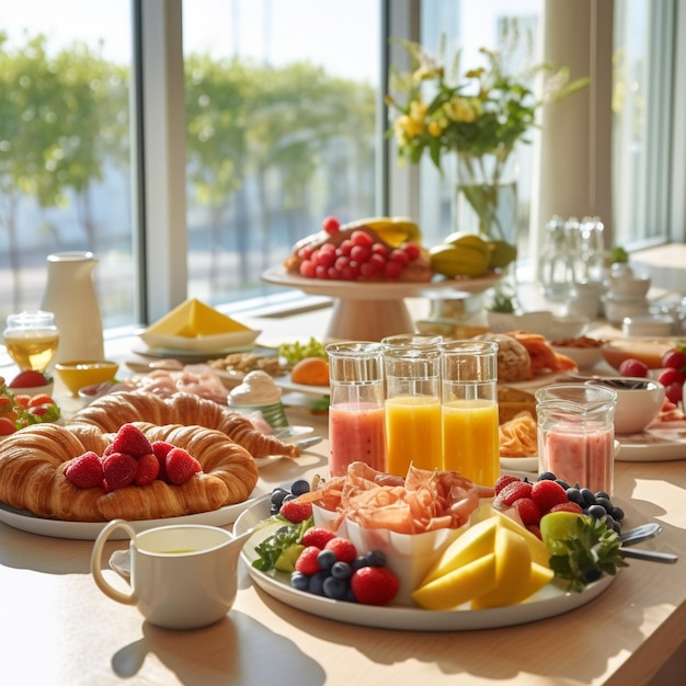 une table pleine de nourriture, y compris des fruits, des fruits et des jus.
