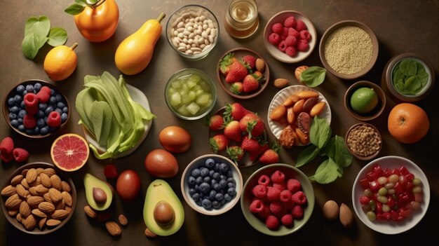 une table pleine de nourriture, y compris des fruits, des légumes et une bouteille d'huile d'olive.