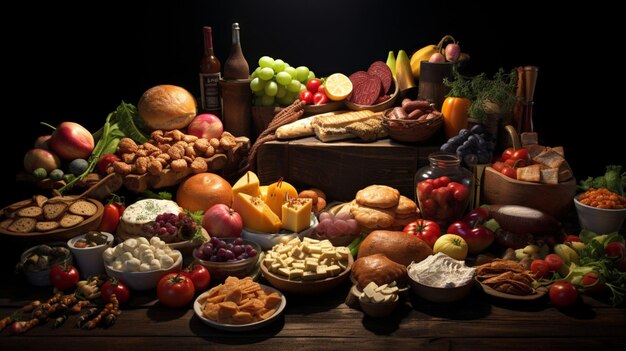 une table pleine de nourriture, y compris des fruits, des légumes et du fromage