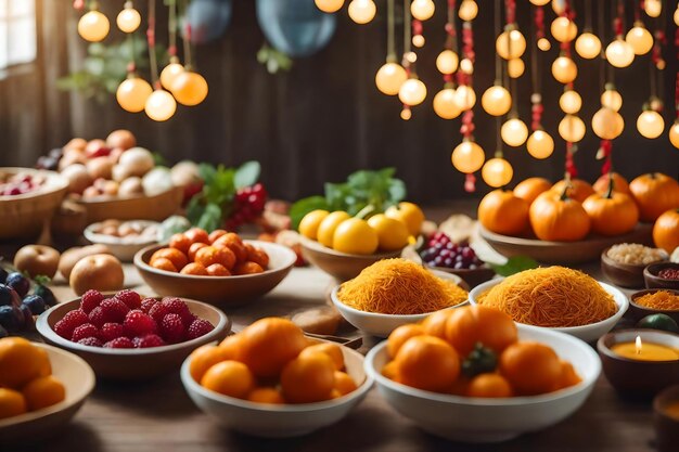 Une table pleine de nourriture, y compris des fruits, des légumes et des fruits.