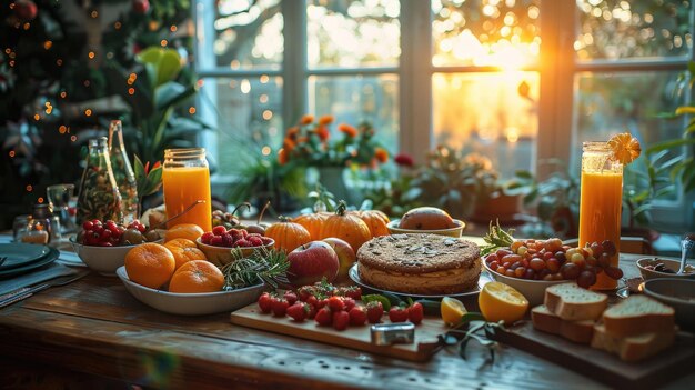 une table pleine de nourriture, y compris des fruits et un pot de jus d'orange