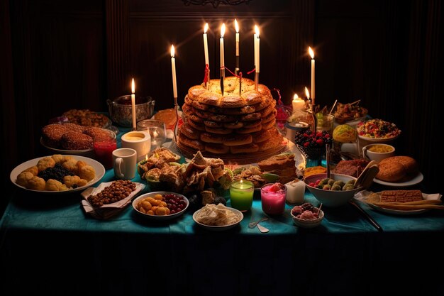 une table pleine de nourriture y compris un gâteau avec des bougies qui disent anniversaire