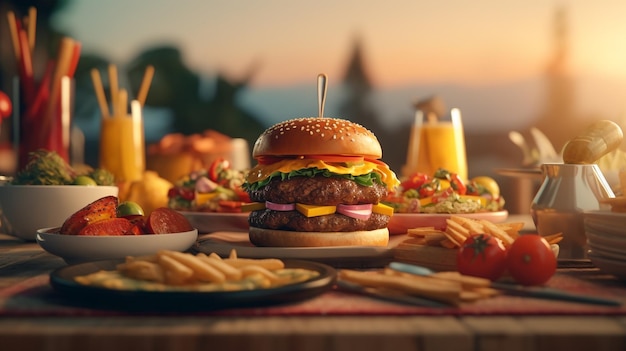 Photo une table pleine de nourriture, y compris un hamburger et une assiette de nourriture