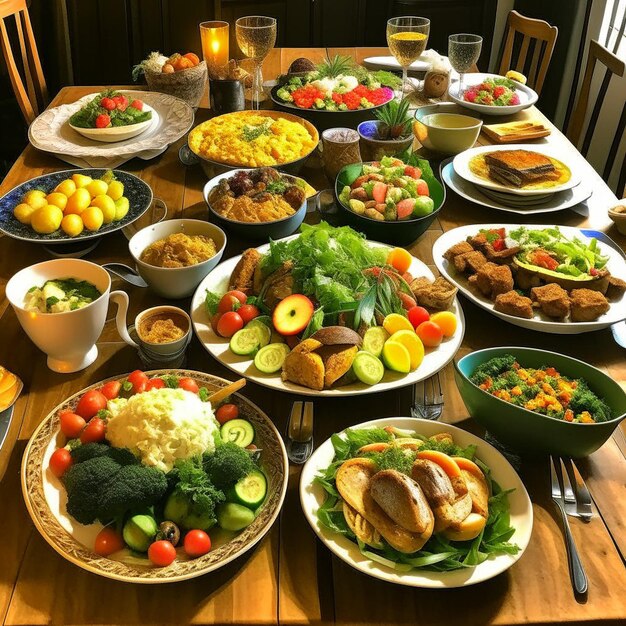 Une table pleine de nourriture, y compris des légumes, du riz et du riz.