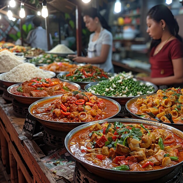 une table pleine de nourriture, y compris des légumes et du riz pour pâtes