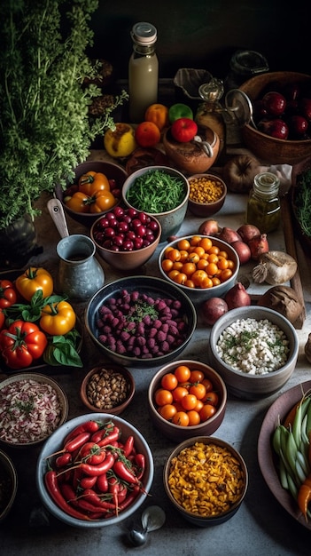 Une table pleine de nourriture, y compris des légumes et des fruits.