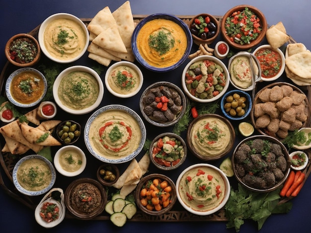 une table pleine de nourriture, y compris une variété d'aliments.