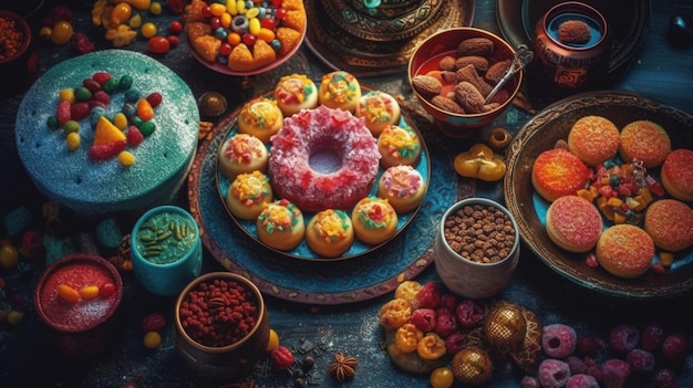 Une table pleine de nourriture, y compris une variété de bonbons.